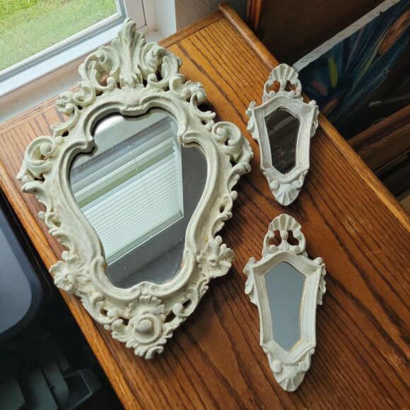 Unbranded Other - Vtg Set of 3 Italian Country Accent Wall Mirrors Whitewash Wood Scrolls READ